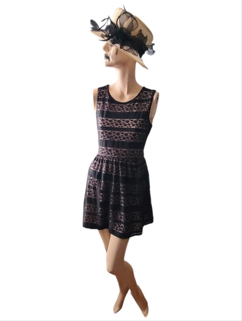 one clothing Black Lace-Overlay Sleeveless Skater Dress with Cream Underlay